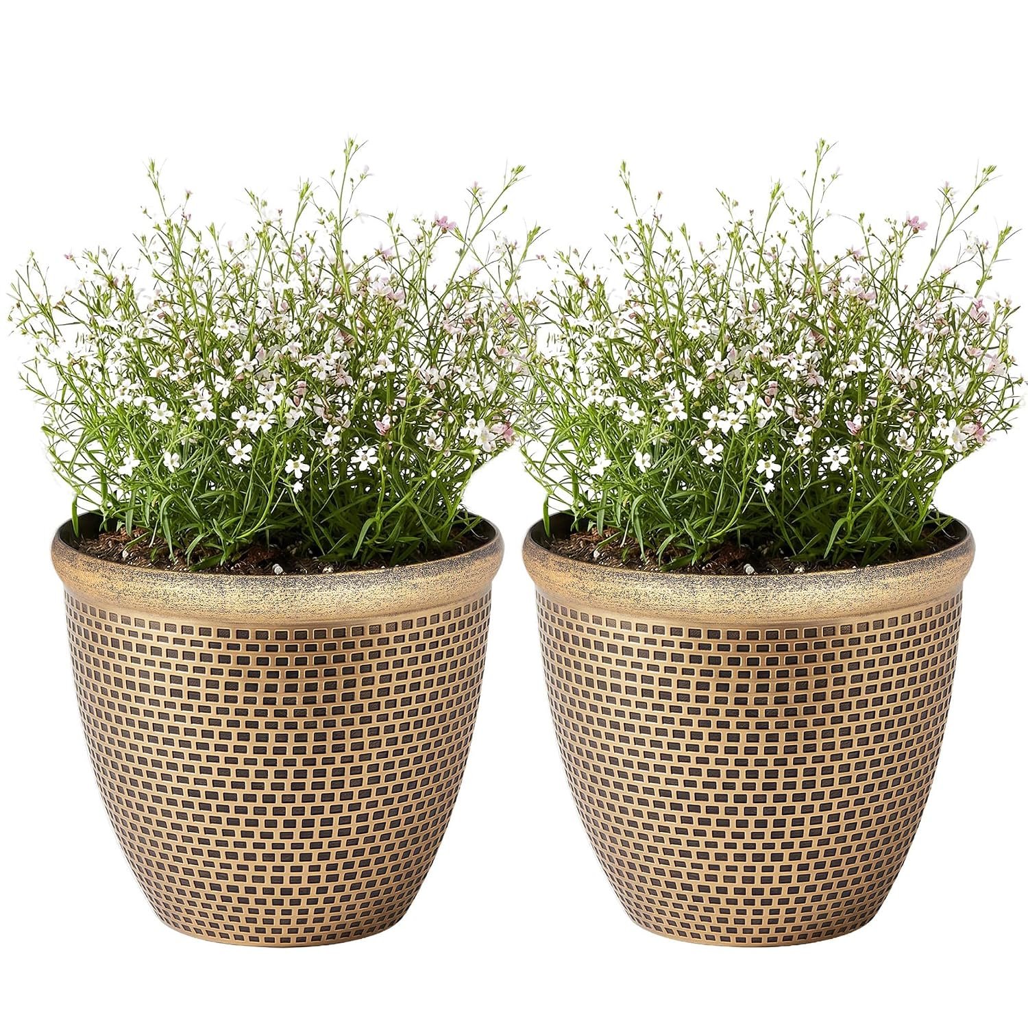 SG Traders 2 X Large Plastic Round Cromarty Plant Pots Flower Pot Planter Garden Decoration Gold 30cm Plant Pot Outdoor Flower Pots Outside Garden Planters Outdoor With Drainage Holes