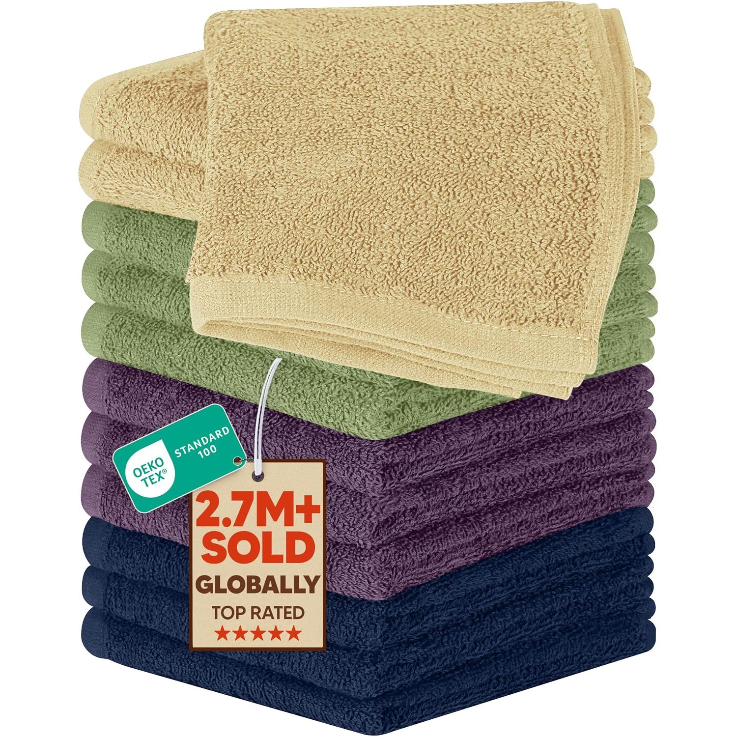 Utopia Towels Cotton Washcloths Set - Pack of 24-100% Ring Spun Cotton, Premium Quality Flannel Face Cloths, Highly Absorbent and Soft Feel Fingertip Towels (12 Pack, Beige, Plum, Sage Green, Navy)