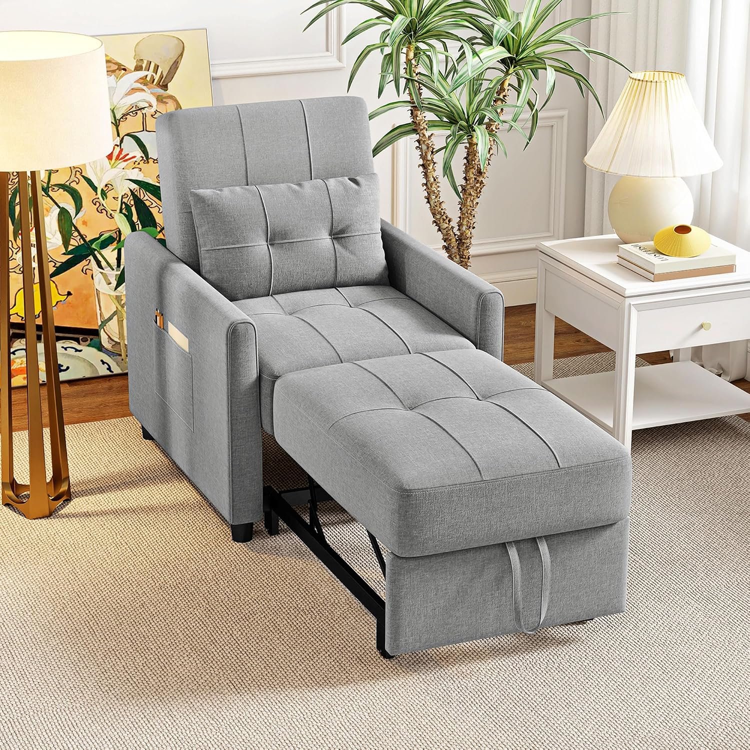 HOMCOM Compact Single Chair Bed, Pull Out Bed, Convertible Sleeper Chair with Adjustable Backrest, Pillow, Side Pockets for Home Office, Bedroom, Living Room, Light Grey