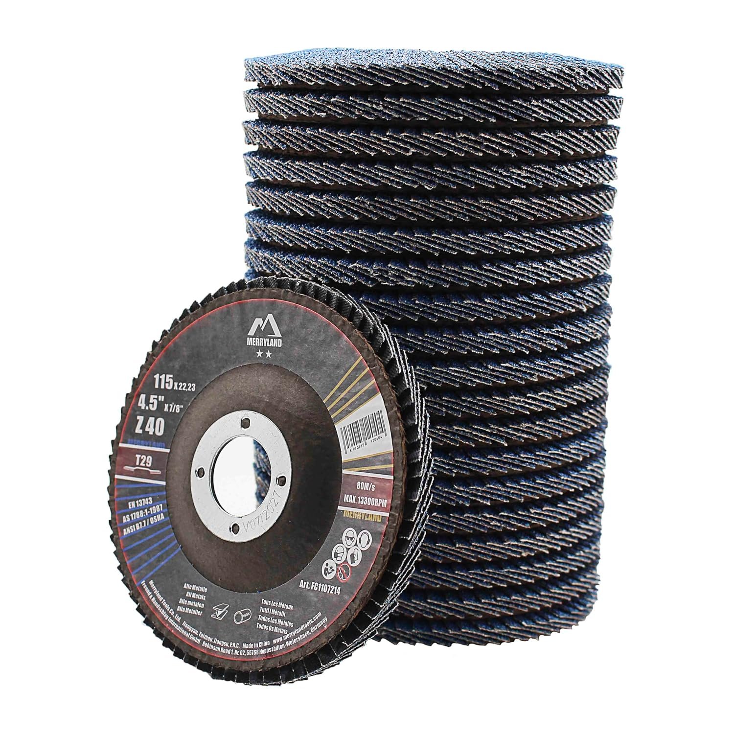 Merryland Flap Disc 115 Metal for Angle Grinder, 115mm 40 Grit T29 Flap Wheel 20 Pieces, Blue Zirconium Corundum INOX Stainless Steel Iron Universal 4.5 inch, Craft-Line FC1107214-20