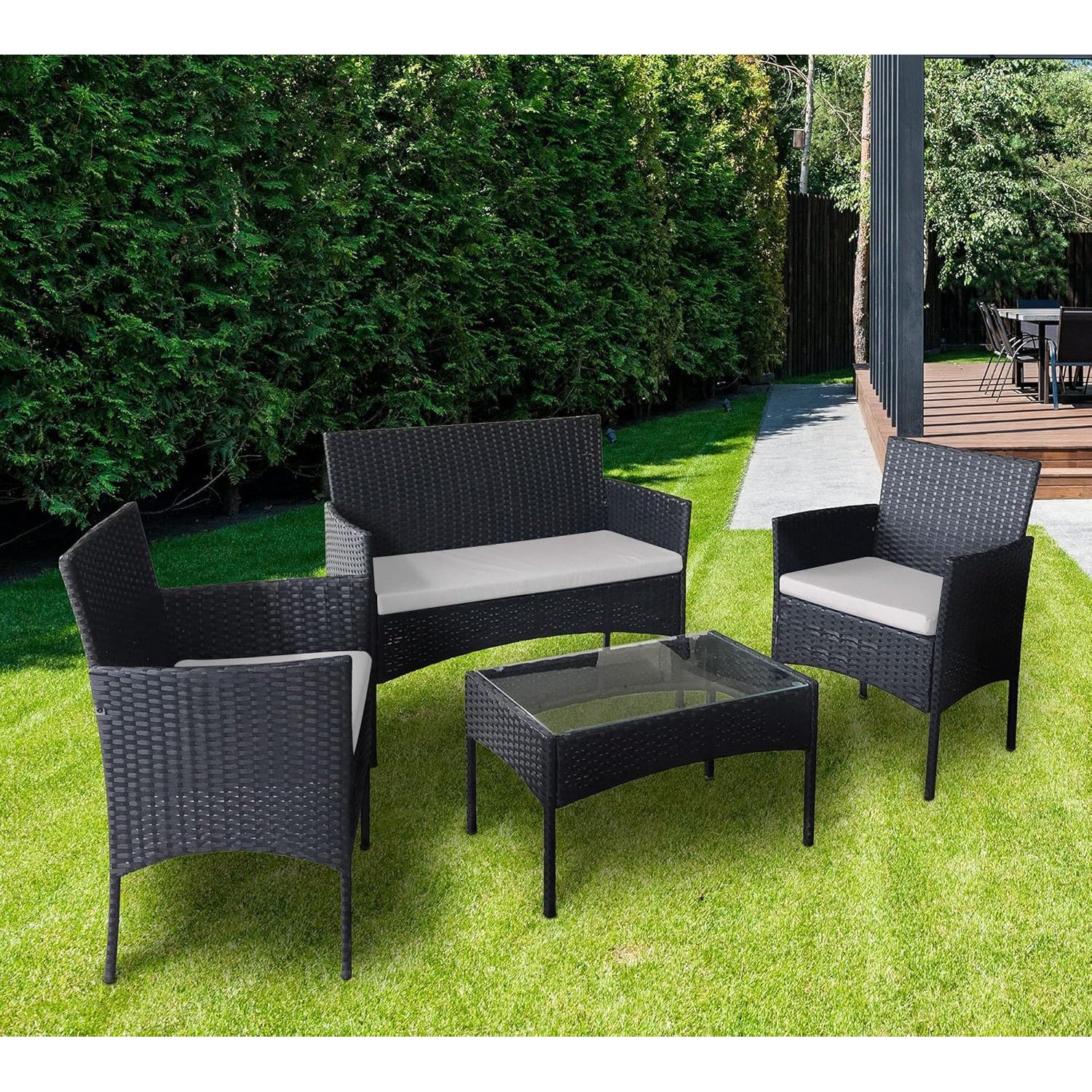 mcc direct 4pcs Large Full Size Rattan Outdoor Garden furniture sofa set with 2x Armchairs 1x Double Sofa & 1 table for indoor & outdoor (Roger) (Grey)