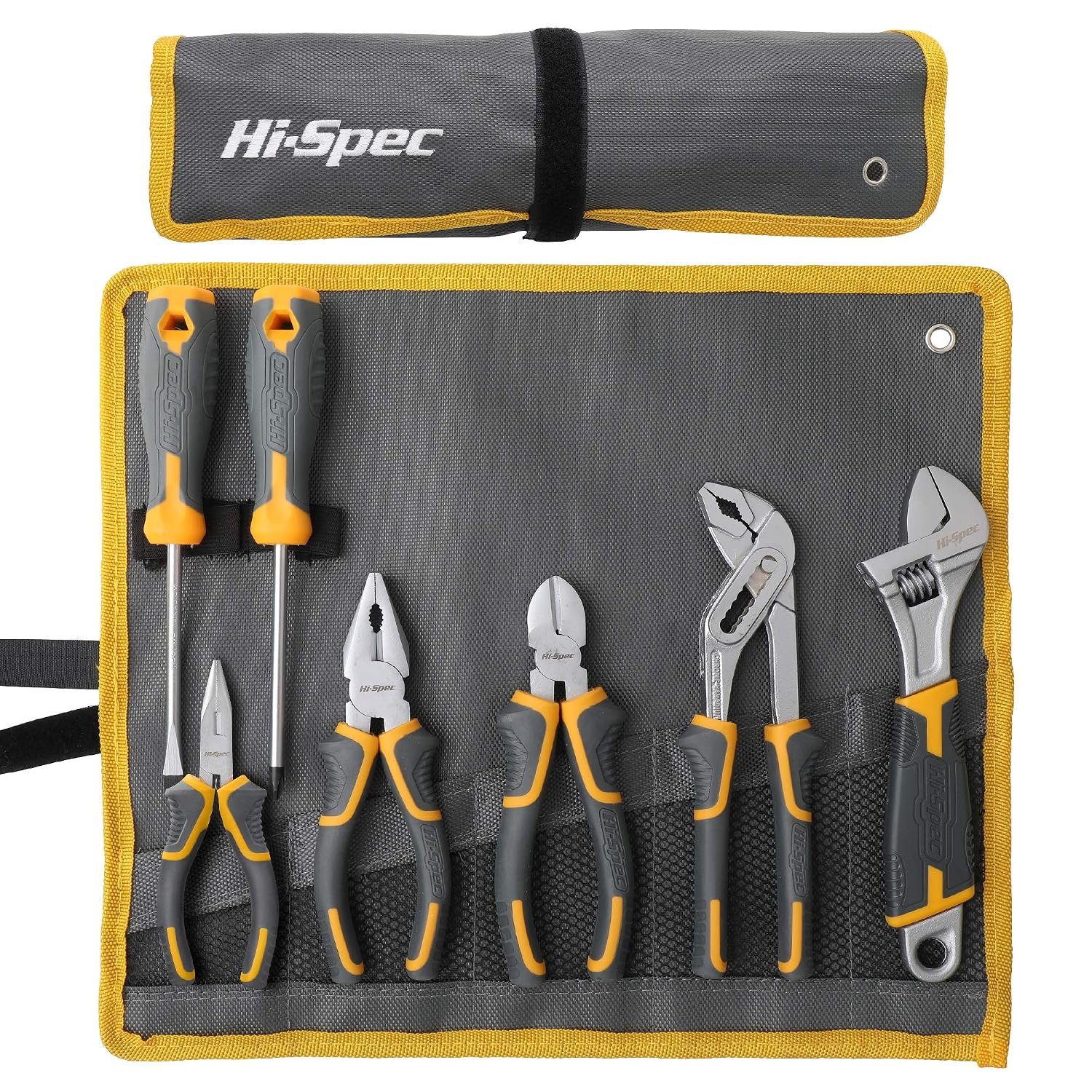 Hi-Spec 7pc Pliers Set Home DIY & Plumbing Hand Tool Set for Household Repair & Maintenance with Combination Plier, Adjustable Wrench, & Screwdrivers in Roll-Up Tool Bag