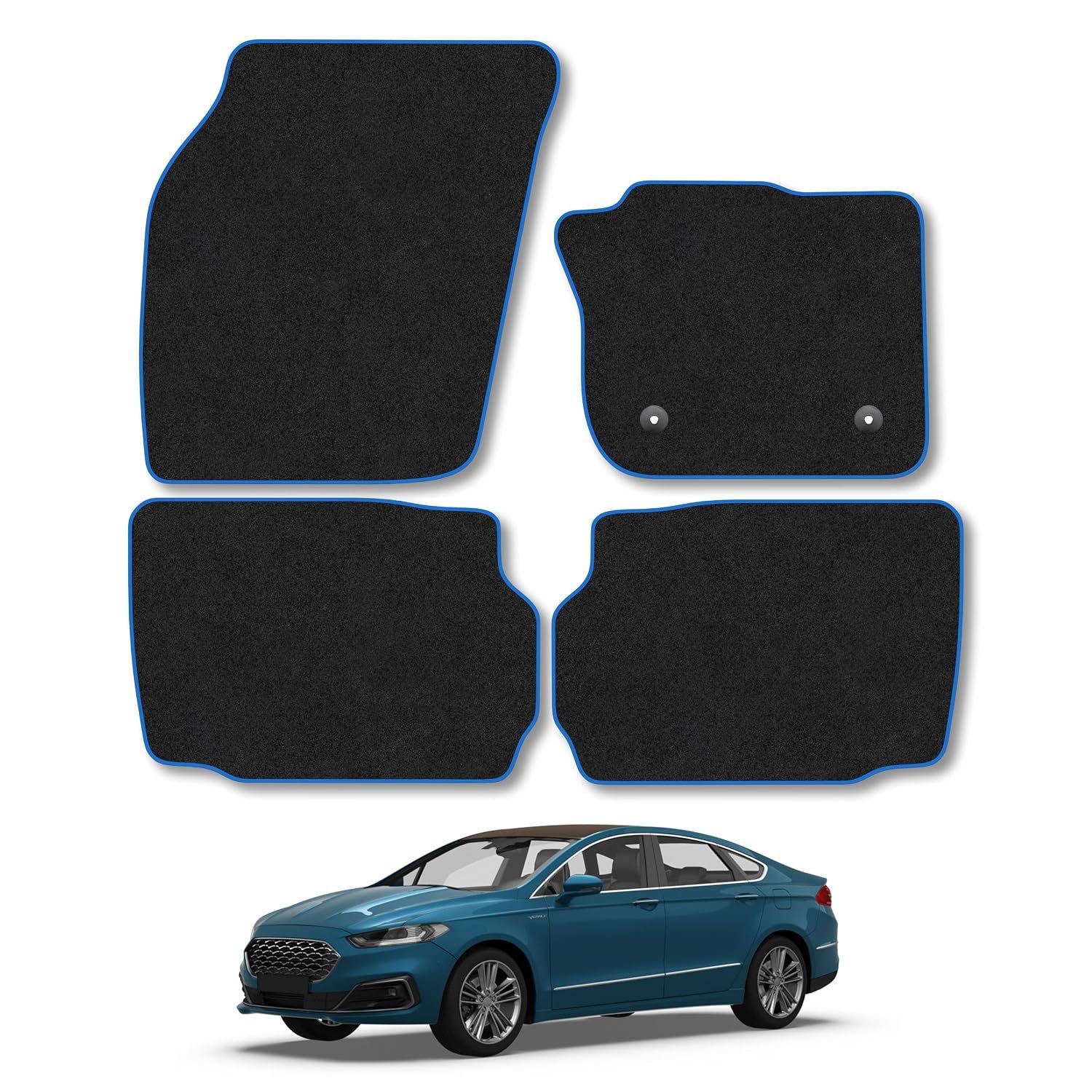 Ford Mondeo (2014-2022) Car Mats Accessories Tailored Fit Carpet Floor Mats Non Slip Blue Trim Full Coverage Compatible Accessory Granulated Backing Front Rear Set Anti Slip Hand-Finished Clips