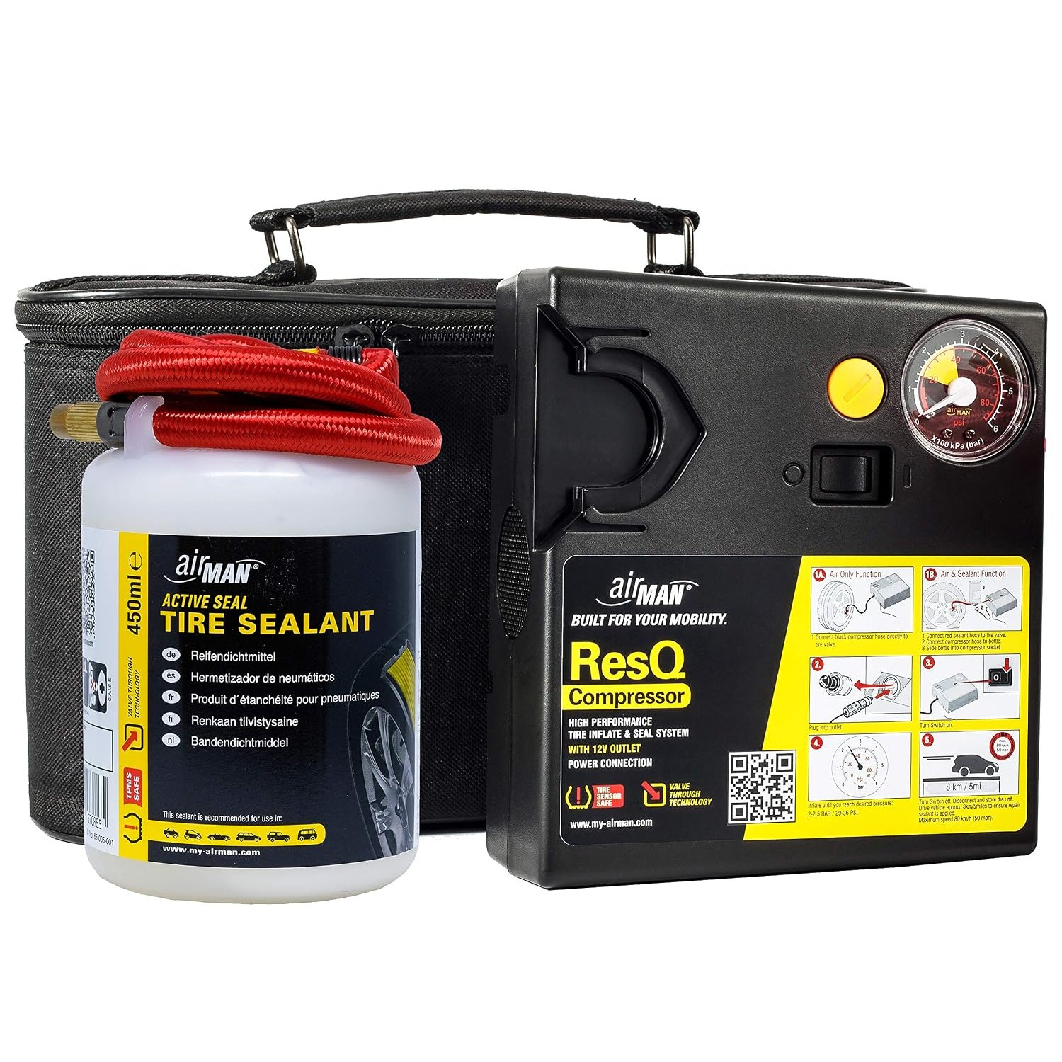 AirMan ResQ Emergancy Tyre Repair Kit, with easy valve through punture repair tyre selant, Air Compressor, suitable for all car makes and models