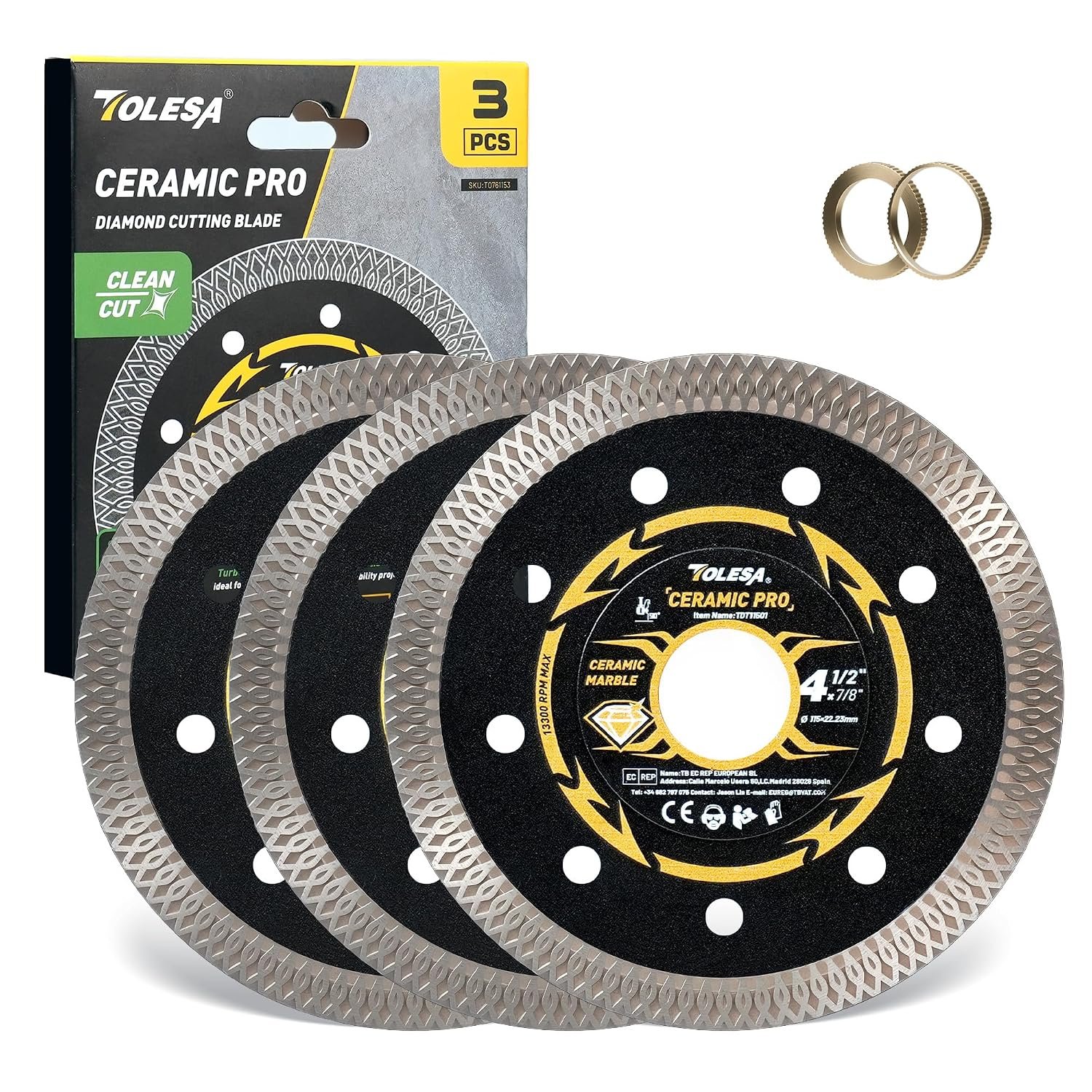 TOLESA 115mm Diamond Cutting Disc, Super Thin Porcelain Cutting Disc for Angle Grinder, 4.5" Diamond Tile Cutting Disc for Marble and Granite - 22.23mm Arbor, 20mm & 16mm Adapter Ring (3-Pack)
