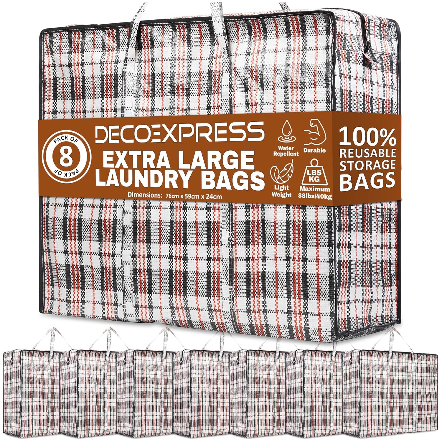 DECO EXPRESS Laundry Bags XXL, Pack of 8, 107L Strong, Durable & Reusable Extra Large Storage Bags with Zips, Ideal for Moving, Shopping, Packing, Laundry & Clothes Storage (76 X 59 X 24 CM)