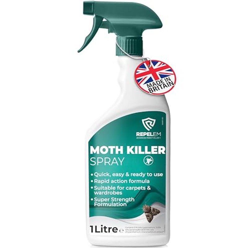 REPELEM 1L Moth Killer Spray - Fast Acting Moth Repellent & Insect Killer, Kills Moths at all Life Stages, Professional Strength Permethrin Spray, Large Clothes & Carpet Moth Treatment