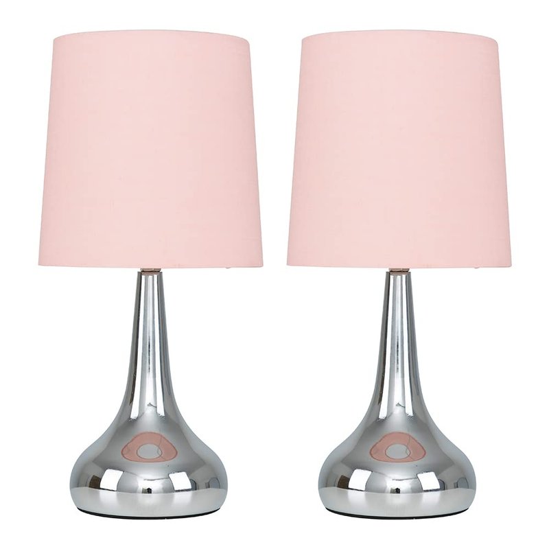 MiniSun | Modern Chrome Teardrop Touch Table Lamps with Pink Fabric Shades | Table Lamps, Home Décor & Improvement Essential | Set of 2 | Includes 5W LED Bulbs [3000K Warm White]