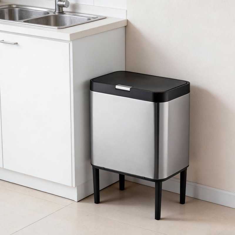ZUNIK 30L Kitchen Bin Stainless Steel with Lid, Push Button Waste Bin, Odour Seal, Freestanding Modern Trash Can for Home & Office