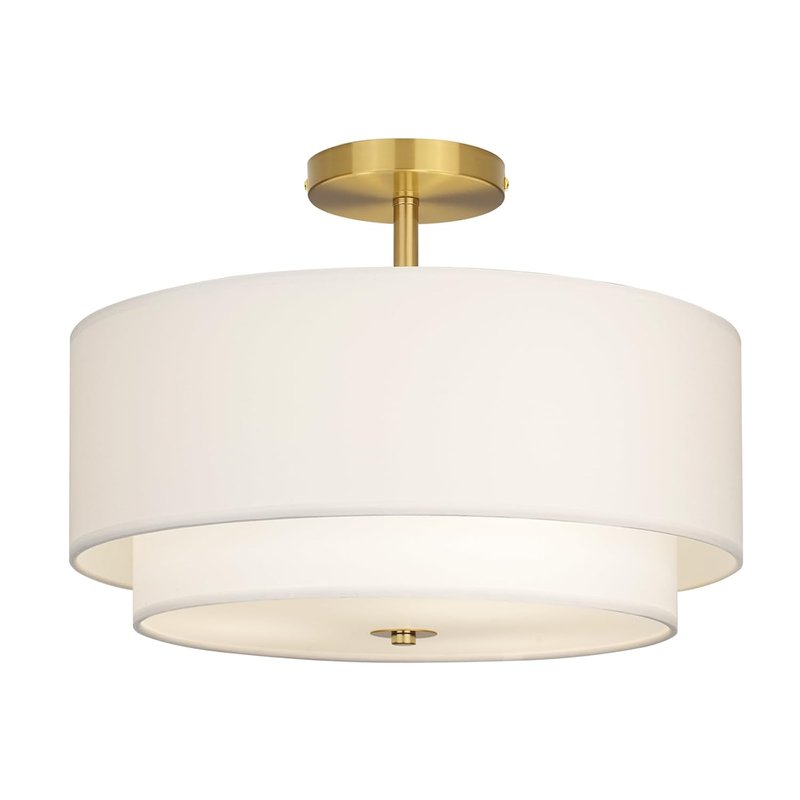 CALOKES 40 cm Dual Drum Gold 3-Light Semi Flush Mount Ceiling Light, Classic White Fabric Linen Shade Design for Living Room, Bedroom, Kitchen, Dining Room, Hallway and Entryway