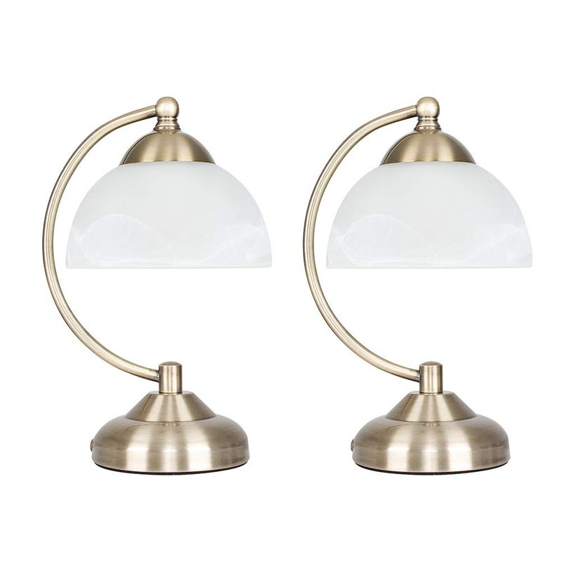 MiniSun | Curved Antique Brass and Frosted Glass Table Lamps | Table Lamps, Home Décor & Improvement Essential | Set of 2 | Includes 4W LED Bulbs [3000K Warm White]