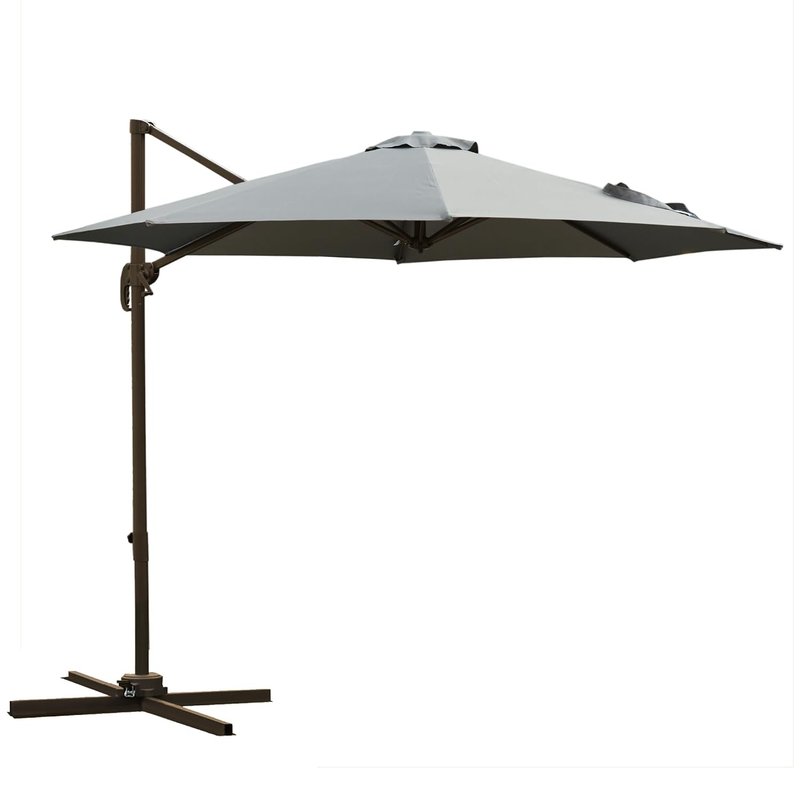 Outsunny 3(m) Patio Offset Parasol Roma Umbrella Cantilever Hanging Sun Shade Canopy Shelter Tilt 360° Rotation with Aluminium Frame Hand Crank Cross Base, Dark Grey