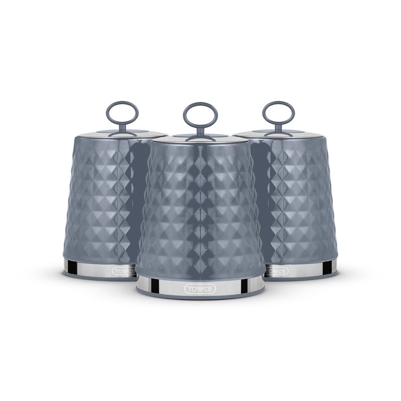 Tower Solitaire Set of 3 Canisters, Mirror Finished Steel Lid with Round Loop, Airtight, Grey