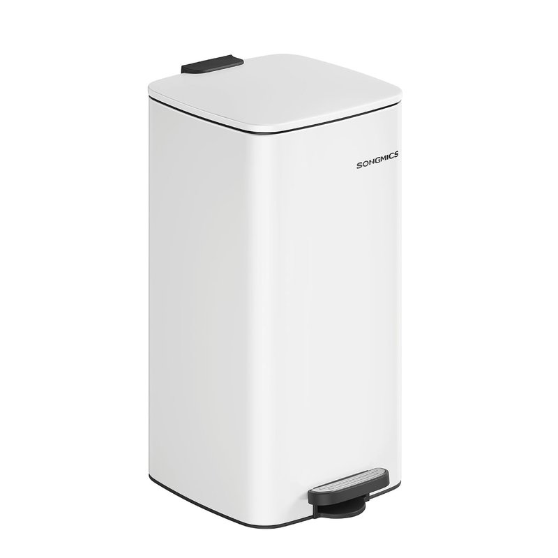 SONGMICS Kitchen Bin, 8-Gallon (30 L) Trash Bin, Steel Pedal Bin, with Inner Bucket, Soft Close and Stays Open, Cloud White LTB593W02