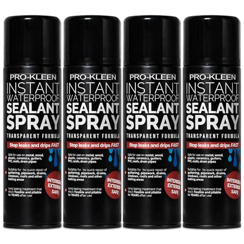 Pro-Kleen Instant Waterproof Sealant Spray - Tough Leak Sealant Spray for Roofs, Pipes, Guttering & More - Transparent & Long-Lasting Formula - Instant Emergency Repair (4 x 400ml)