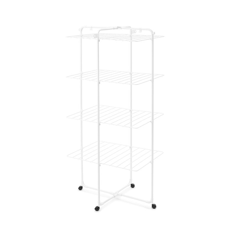 Brabantia HangOn Tower Drying Rack, 30m (White), Tall Foldable Clothes Rack, Space-Saving Laundry Drying Stand with Wheels and Hooks