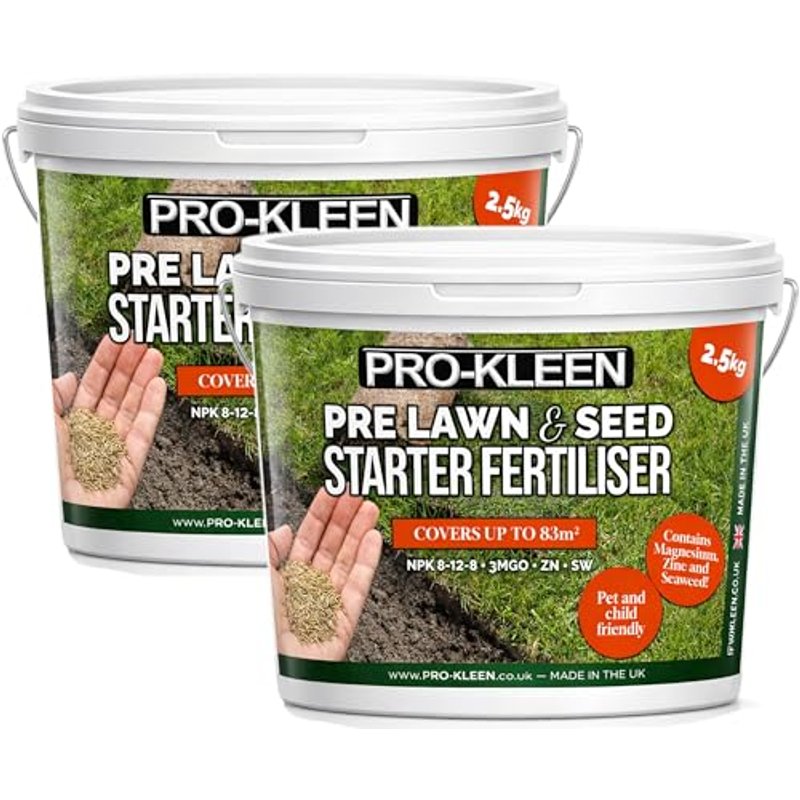 Pro-Kleen Pre Lawn & Seed Starter Fertiliser - Phosphorus Rich with Nitrogen, Potassium & Magnesium (NPK 8-12-8 + 3MgO) with Zinc & Seaweed - Non-Toxic & Non-Staining - Covers up to 166m2 (2 x 2.5kg)