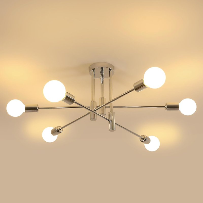 Riserva Ceiling Light Modern, 6 Lights Sputnik Ceiling Light Chrome, E27 Chandelier Industrial Metal for Bedroom, Dining Room, Living Room, Kitchen, Hotel