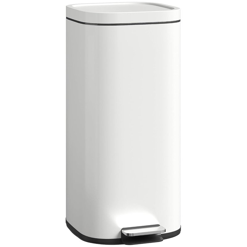 HOMCOM 30L Kitchen Bin with Lid, Compact Pedal Bin with Soft-Close and Stay-Open Lid, Removable Inner Bucket, Fingerprint-Resistant for Kitchen, Home, Office, Bedroom, Cream White