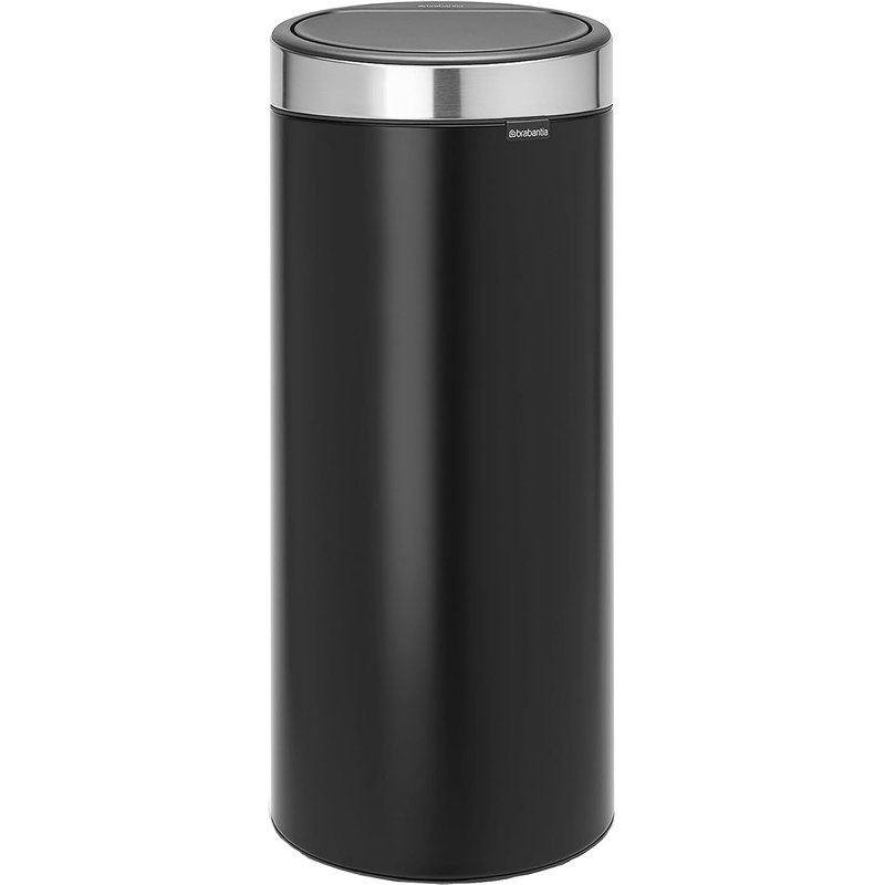 Brabantia 30 L Kitchen Touch Bin New (Matt Black/Matt Steel FPP) Removable Lid, Soft-Touch Open, Easy Clean Rubbish Waste Bin + Free Bin Bags