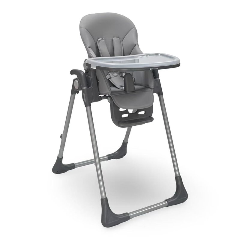 Venture Flare High Chair – Adjustable Highchair with Reclining Seat, Foldable Baby High Chair with Removable Tray & Dishwasher-Safe Liner, Compact Space-Saving Design, 6 Months to 3 Years - Grey