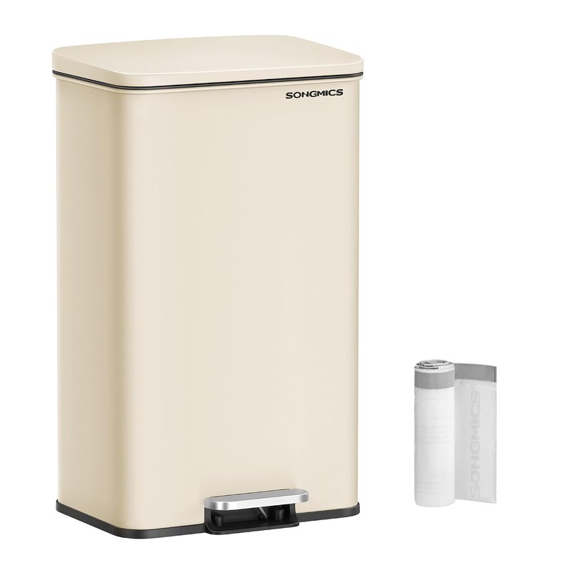 SONGMICS Kitchen Bin, 10.5 Gallon (40 L) Rubbish Bin, Large Step Bin with Lid, Steel, Soft Close, 15 Liner Bags Included, Sand Beige LTB540A02