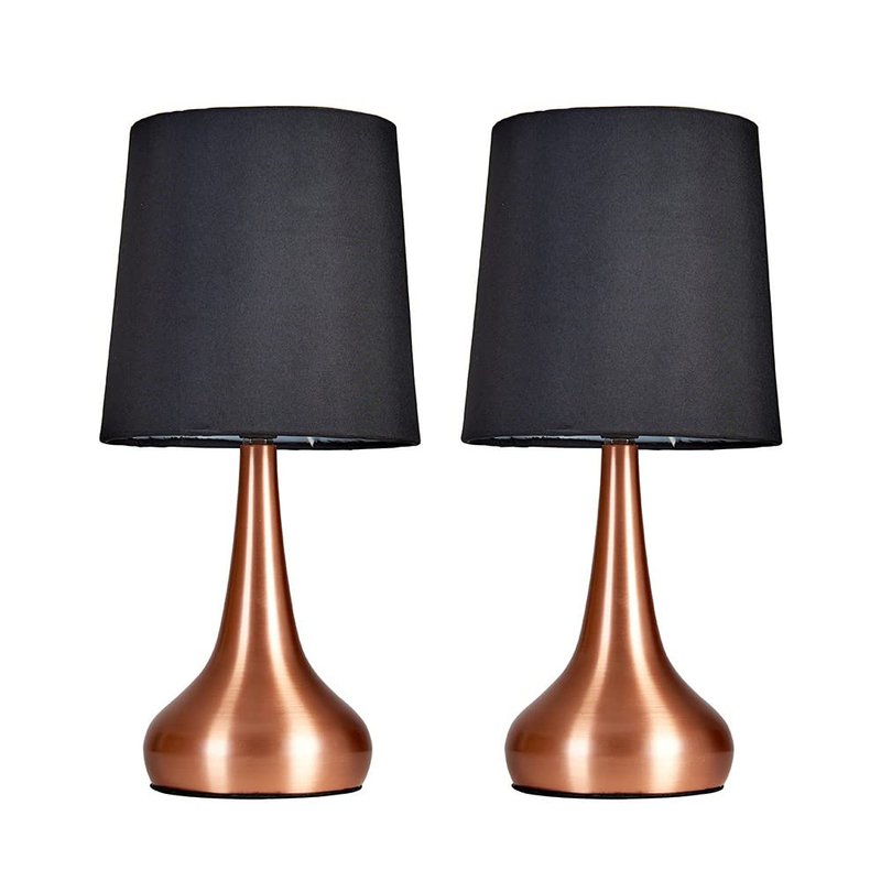 MiniSun | Modern Copper Teardrop Touch Table Lamps with Black Fabric Shades | Table Lamps, Home Décor & Improvement Essential | Set of 2 | Includes 5W LED Bulbs [3000K Warm White]