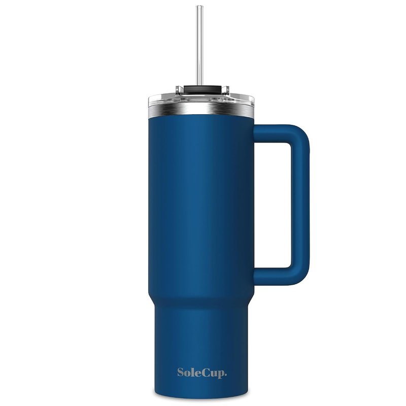 SoleCup. 30oz Travel Mug with Handle, Lid and Two Straws, Drinks Stay Hot for 8 Hours and Cold for 24 Hours - Double Wall Stainless Steel Vacuum Insulated Tumbler (Navy Blue, 30oz)