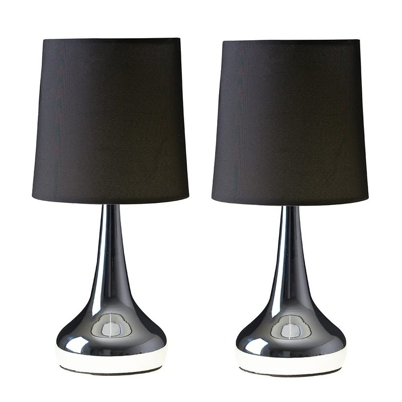 MiniSun | Modern Chrome Teardrop Touch Table Lamps with Black Fabric Shades | Table Lamps, Home Décor & Improvement Essential | Set of 2 | Includes 5W LED Bulbs [3000K Warm White]