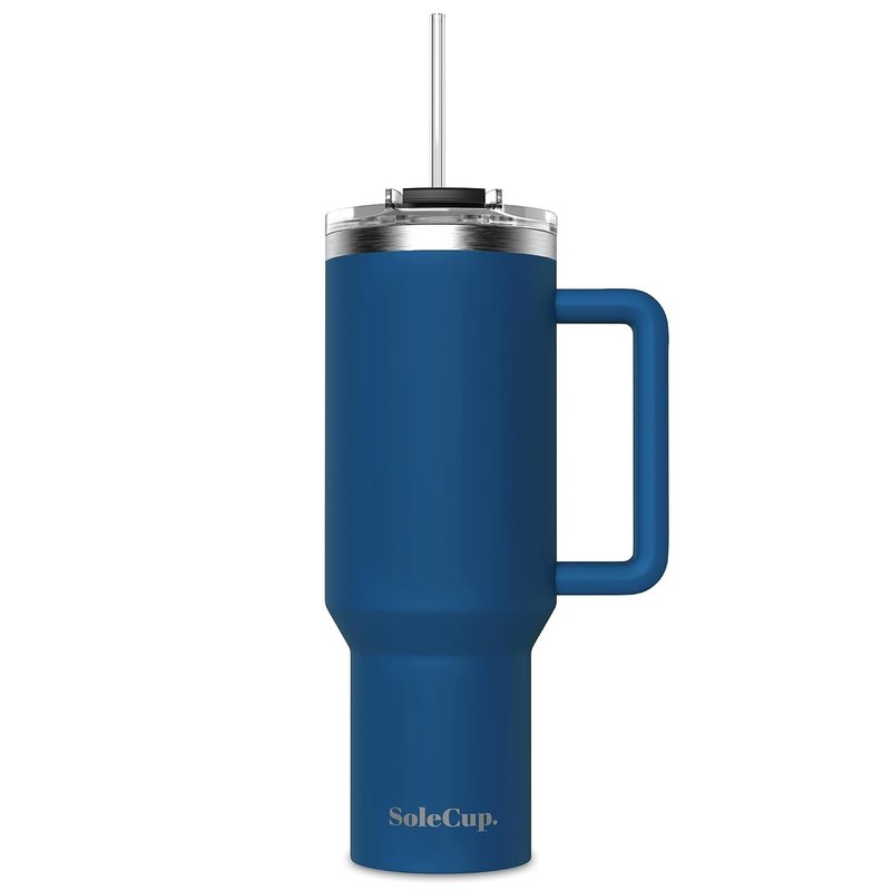 SoleCup. 40oz Travel Mug with Handle, Lid and Two Straws, Drinks Stay Hot for 8 Hours, Cold for 24 Hours, Double Wall Vacuum Insulated Stainless Steel Tumbler… (Navy Blue, 40oz)