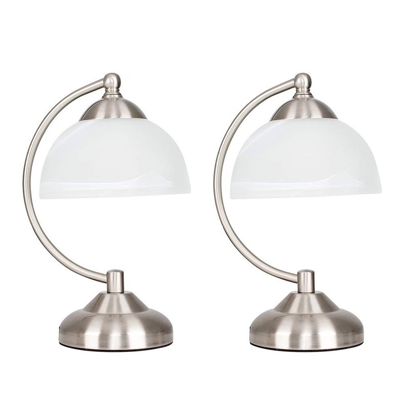 MiniSun | Curved Brushed Chrome and Frosted Glass Table Lamps | Table Lamps, Home Décor & Improvement Essential | Set of 2 | Includes 4W LED Bulbs [3000K Warm White]