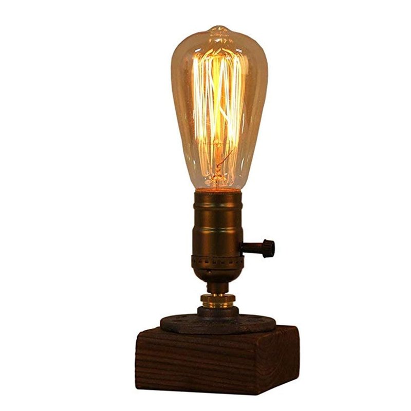 JINYU Weathered Wood Night Light Table Lamp Vintage Desk Lamp E26/E27 Edison Bulb Wooden Base Retro Industrial Steampunk Iron Pipe Flange Dimmable Nightlight for Bedroom Living Room Home Art Display