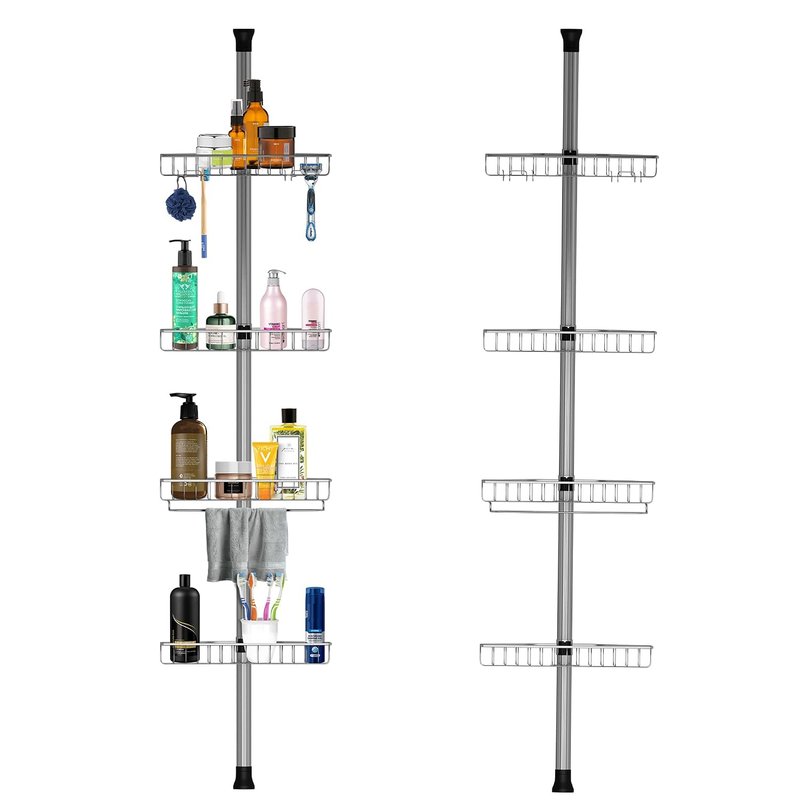 Blue Canyon 4 Tier Stainless Steel Shower Caddy, No Drill Bathroom Shelf, Telescopic Shower Caddy, Powder Coated Adjustable Shelves for Soap, Shampoo, Corner Shelf, Bathroom Organizer, Silver