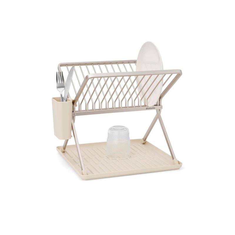 Brabantia SinkSide Foldable Dish Drying Rack (Soft Beige), Sleek Organiser with Removable Cutlery Basket, Versatile Sink Drainer for Dishes and Kitchen Accessories