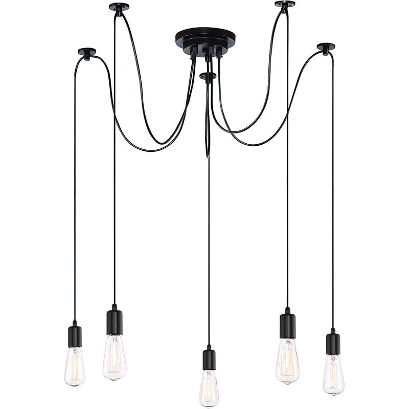 iDEGU Modern and Retro Pendant Light, 5 Arms DIY Spider Chandelier Creative Adjustable 150CM Vintage Ceiling Pendant Lamp Fixture with E27 Socket, Black (5 Lights)