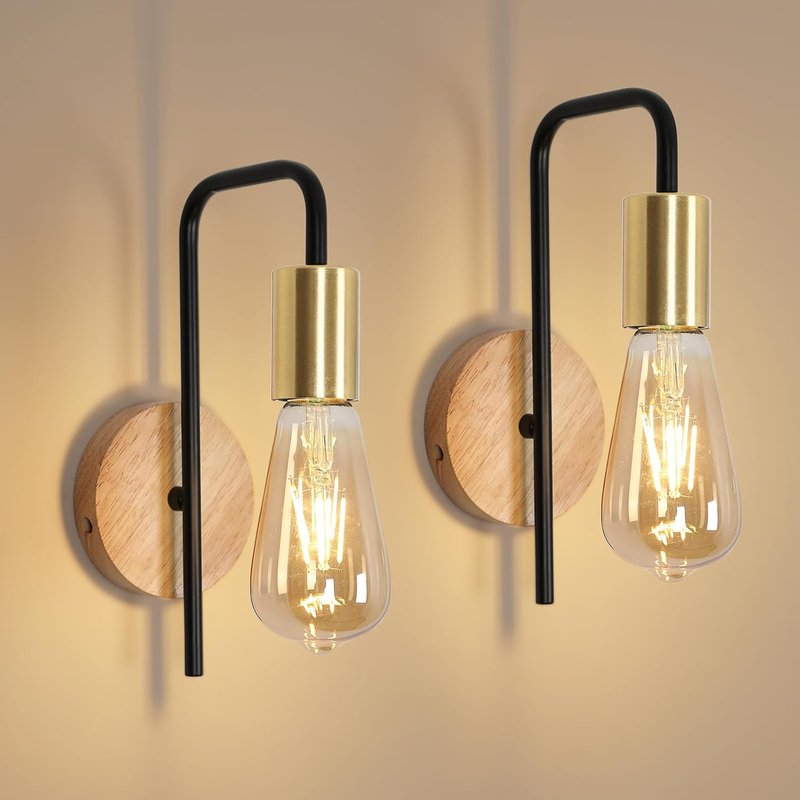 Osairous 2 Pack Vintage Wall Lights, Industrial Interior Wall Lamps, Retro Iron Wall Spotlight for Bedroom, Hallway Bar, E27, IP20, Wood Colour, Without Bulb