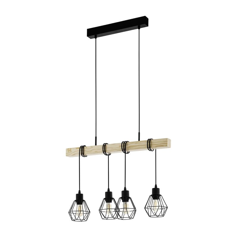 Eglo Pendant Lighting Townshend 5, 4-lamp Vintage Ceiling Light Fitting, Industrial Hanging lamp for Living and Dining Room, Black Metal and Natural Wood, FSC, E27 Socket