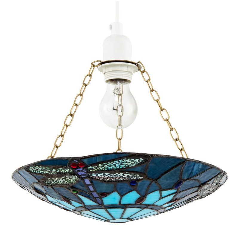 Traditional Midnight and Sky Blue Dragonfly Tiffany Glass Easy Fit Pendant Light Shade | 30cm x 5cm | Antique Brass Supporting Chains by Happy Homewares