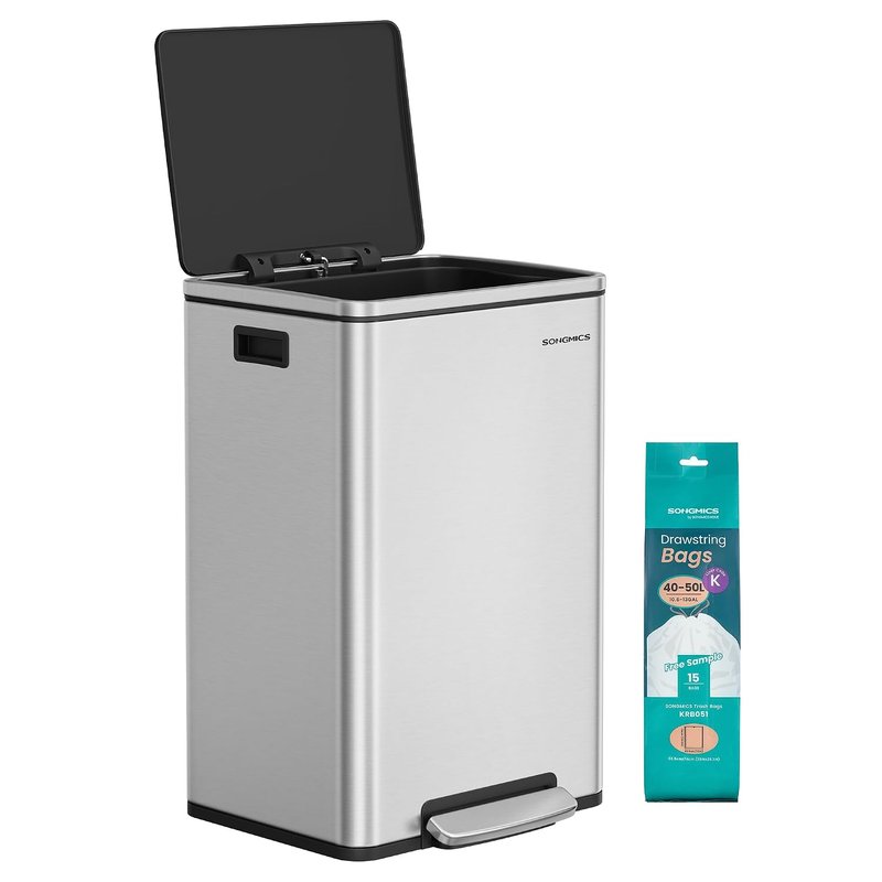 SONGMICS Kitchen Bin 13 Gallon (50 L), Waste Bin for Kitchen, Soft Close, Step-On Pedal, Stainless Steel, Inner Bucket, Silver LTB595E01