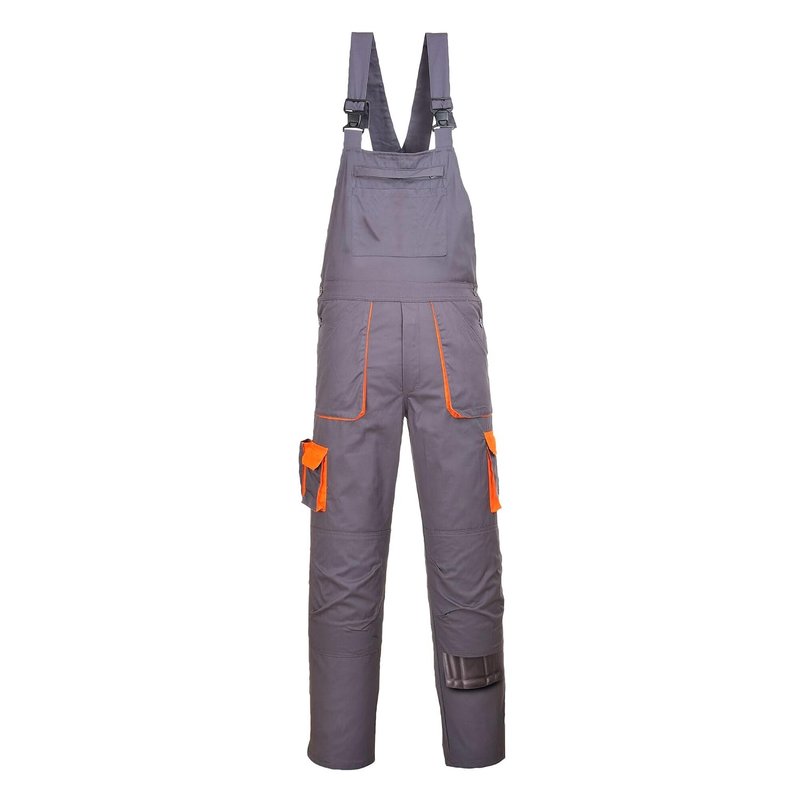 Portwest TX12 Texo Contrast Bib and Brace Work Overalls Mens Workwear 10 Pockets UPF 40+ Sun Protection Elasticated Waist Knee Pad Pockets, Regular, Grey, XL