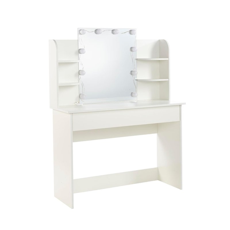 MMT Furniture 90 cm LED Dressing Table with Mirror – Modern White Makeup Vanity Table with 2 Drawers, Adjustable Lighting & Cable Organizer