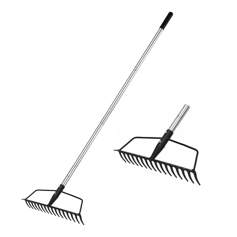 YEELOR Garden Rake With Carbon Steel Head and Adjustable Stainless Steel Handle - Heavy Duty Bow Rake for Loosening Soil, Leveling Mulch, and Gathering Leaves