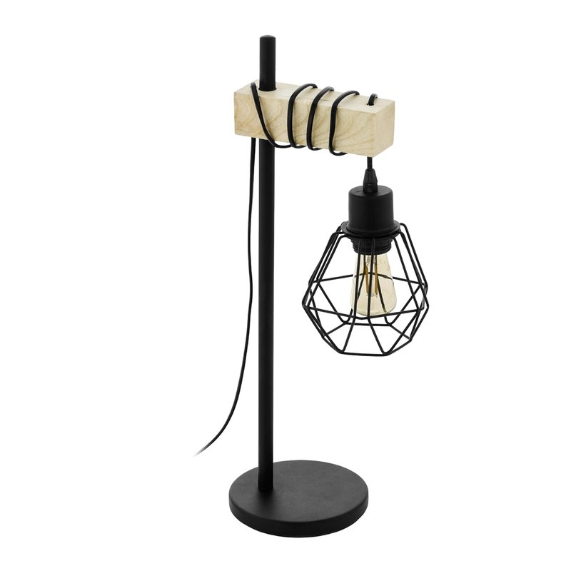 Eglo Table lamp Townshend 5, Wooden Bedside lamp in Industrial Design, Vintage Living Room Lighting, Black Metal and Natural Wood, FSC, E27 Socket