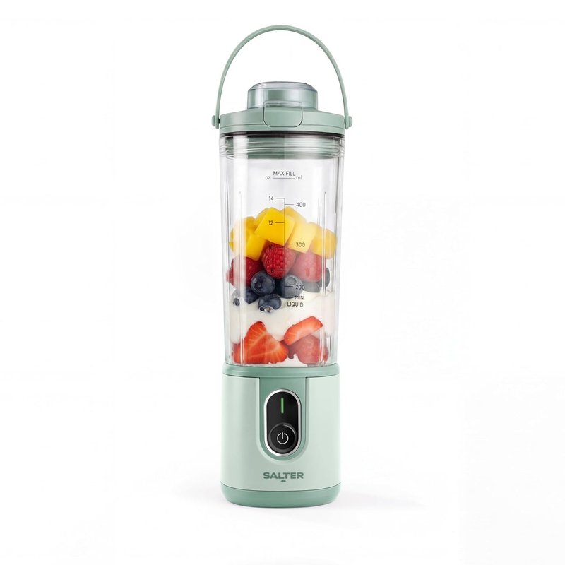 Salter ActiBoost Cordless Portable Blender - 450ml, Pulse Function, 40 Sec Countdown, BPA-Free, Stainless Steel, Includes Blade Cover & Bottle Base, On-The-Go Protein Blender, Smoothies, 100W, Green