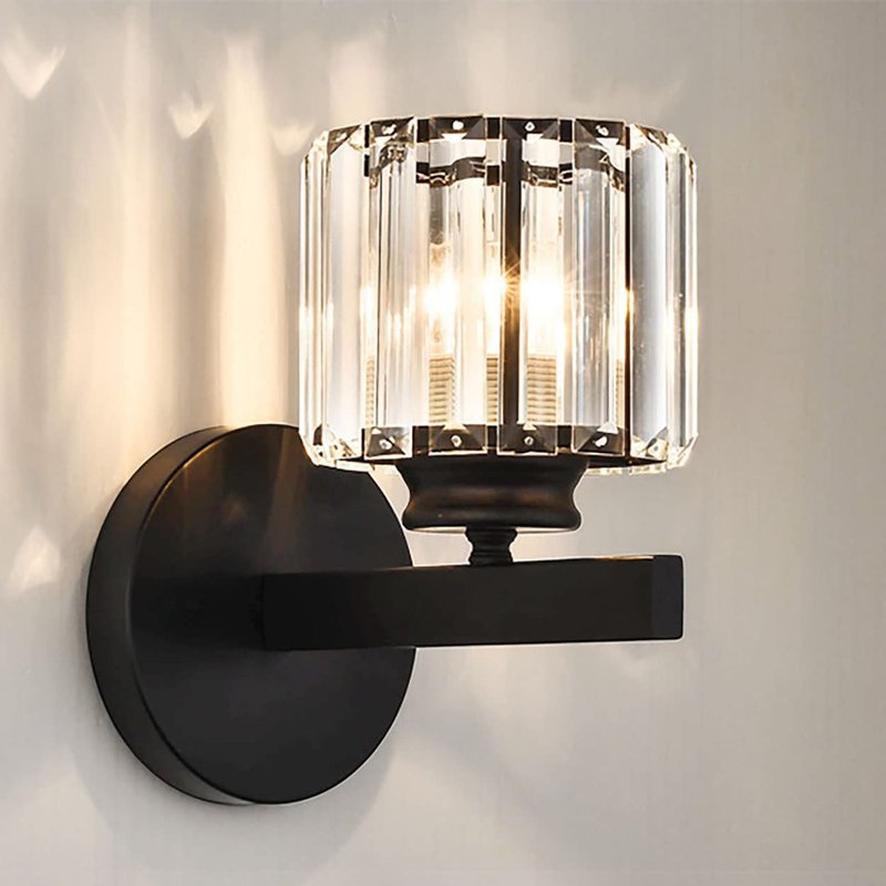 Sxtiger Retro Crystal Wall Light Sconce, E27 Modern Black Crystal Wall Lamp, Hardwired Wall Lighting Fixtures for Bedside Bedroom Living Room Corridor Dining Room Hallway (Black Round)