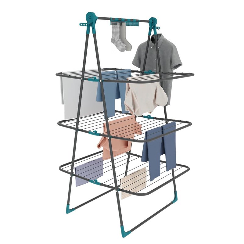 Knight 3 Tier Clothes Airer, 30m Drying Space, Free Standing Foldaway Clothes Drying Rack, Laundry Drying, Non Slip Feet, Extra Hanging Bar with Socks Clip, Space Saving Patent Design (Grey & Teal)