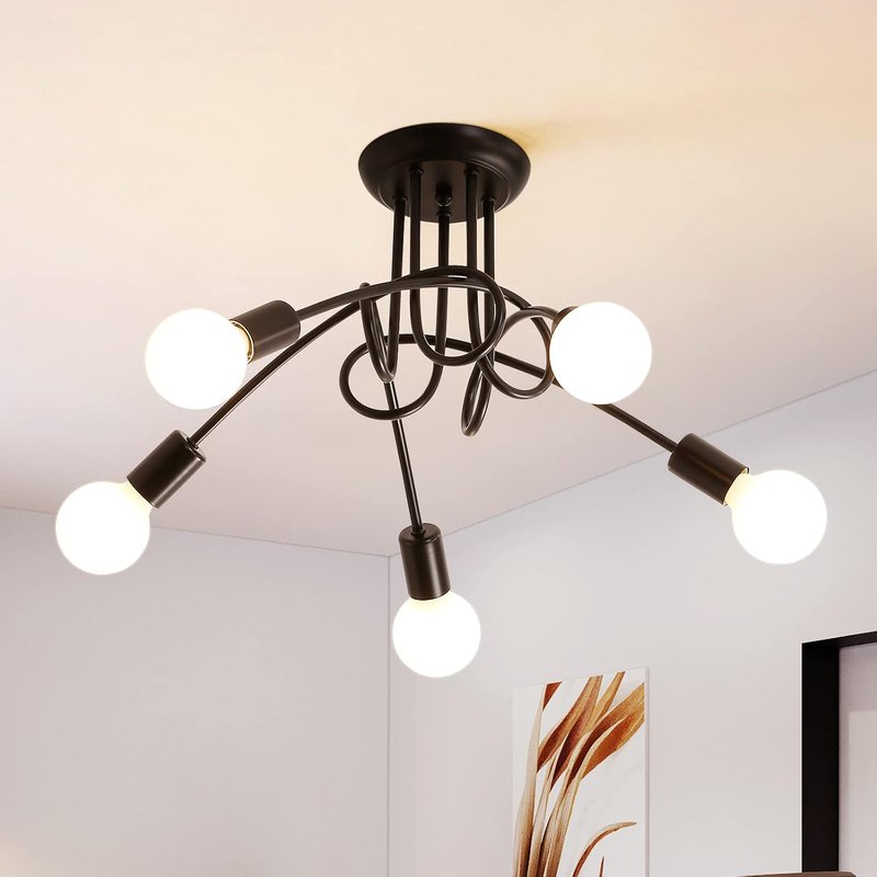 Riserva Industrial Sputnik Ceiling Light, Modern 5 Lights E27 Metal Chandelier Ceiling Light, ∅60cm Matte Black Vintage Pendant for Bedroom, Living Room, Kitchen (Bulbs not Included)