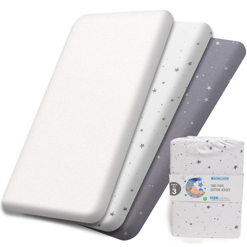 Next to Me Crib Sheets 55x90 cm - 3 Pack, 1 Waterproof Crib Mattress Protector - 2 Fitted Sheets 100% Pure Cotton Ultra Soft Baby Bedding Fits Chicco, Joie, Tutti Bambini, Maxi Cozee