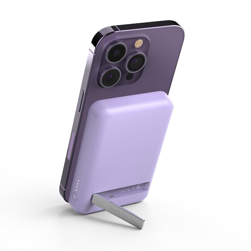 Belkin 5000mAh Magnetic Wireless Power Bank, Portable Charger Compatible with MagSafe with Pass-thru Charging, 7.5W Output, 10W Input and Kickstand, Compatible with iPhone 17, Air, Pixelsnap – Purple