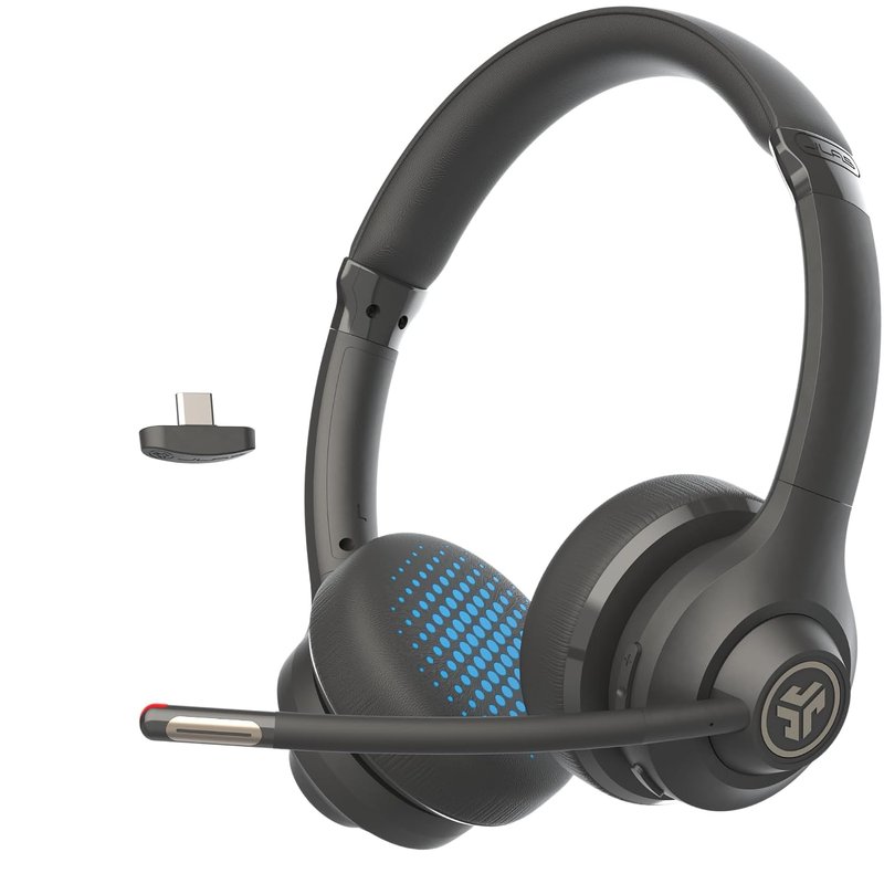JLab Go Work 2nd Gen Wireless Headset with Microphone - 55+H PC Bluetooth Headset or USB C Dongle, Noise Cancelling Mic, Multipoint, On Ear Wired or Wireless Office Laptop Computer Headsets